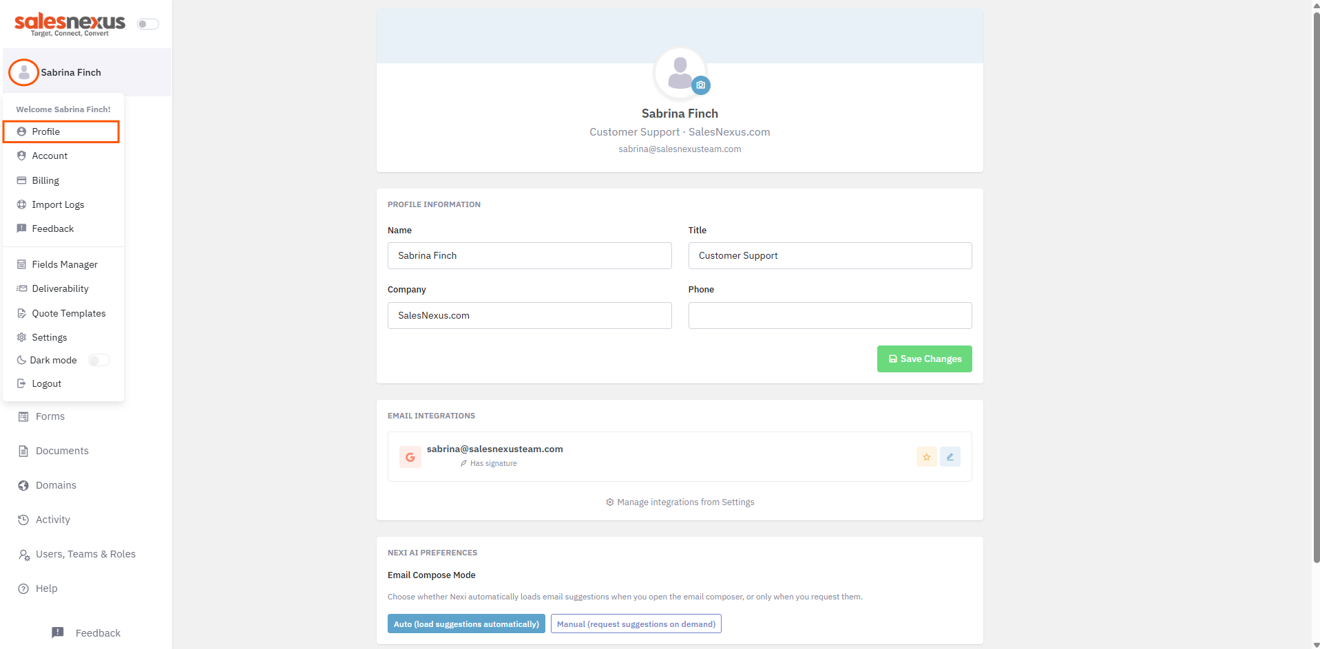 Profile page