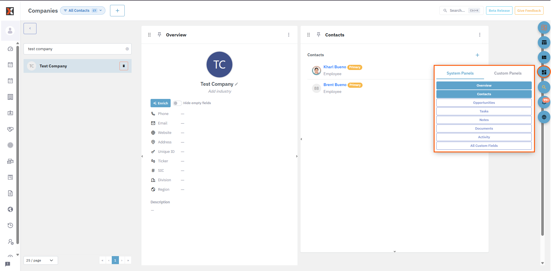 Company Panels selector
